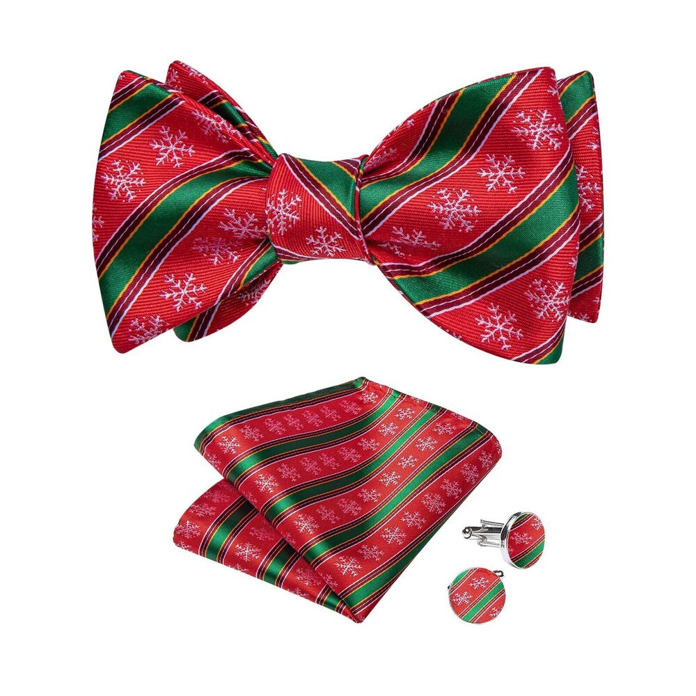 2061 Christmas Bow Tie Silk Festival Self Bowtie and Pocket Square Cufflink